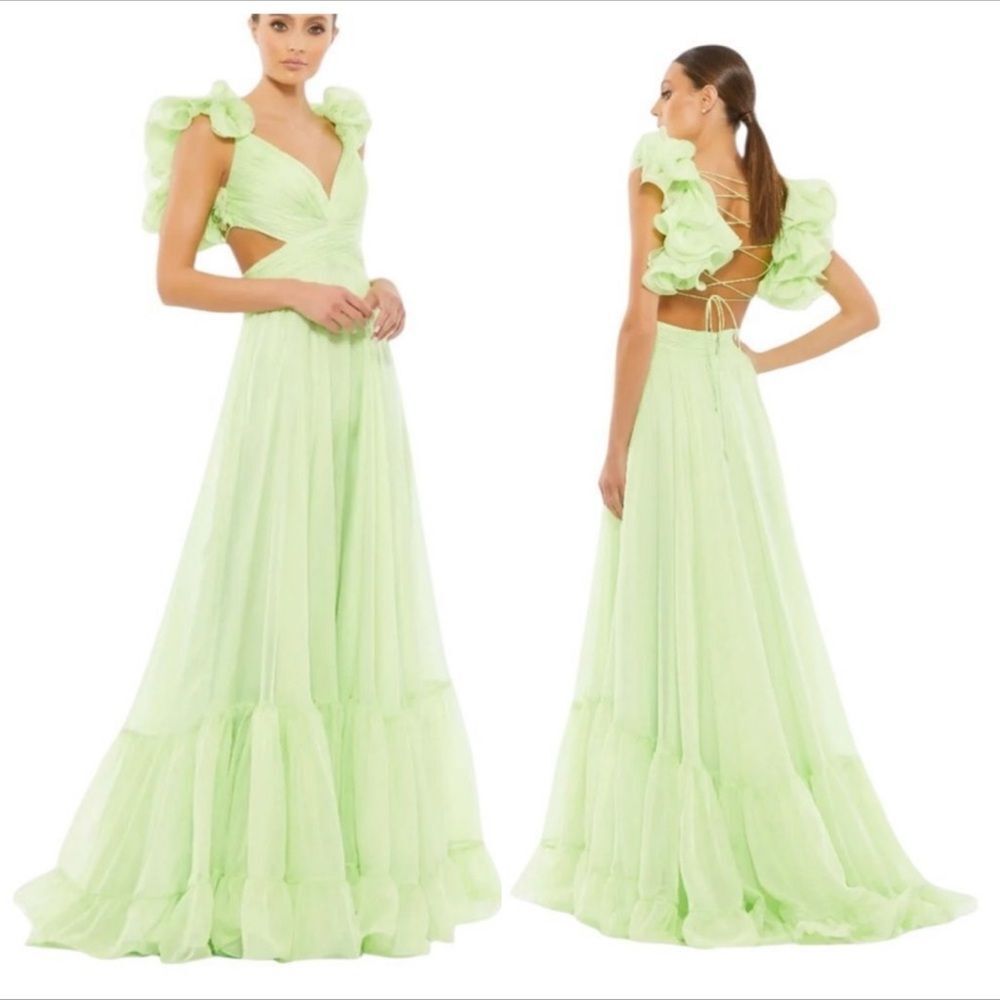 Mac Duggal Ruffle Tiered Cut-Out Chiffon Gown in Citrus Green | size 6